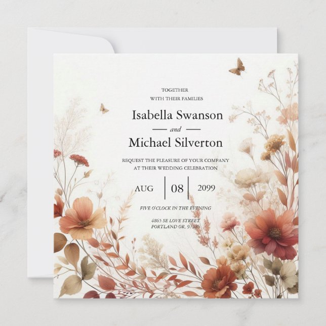 Boho Browns with Butterflies Floral Wedding Inbjudningar (Framsida)