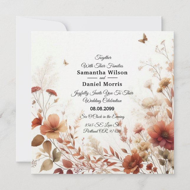 Boho Browns with Butterflies Floral Wedding Inbjudningar (Framsida)