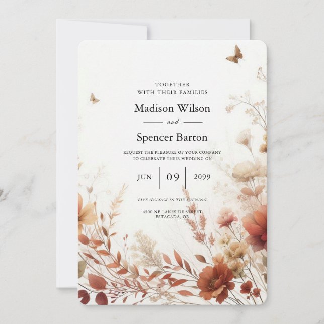 Boho Browns with Butterflies Floral Wedding Inbjudningar (Framsida)