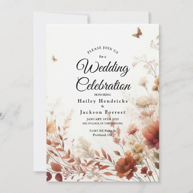 Boho Browns with Butterflies Floral Wedding Inbjudningar (Framsida)