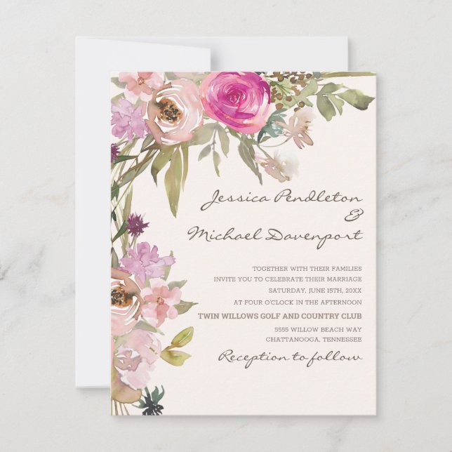 Boho Brudros i Rosa Lavendel Blommig Bröllop Inbjudningar (Framsida)