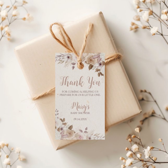 Boho Brun Beige Blommig Babykalas Presentetikett (Skapare uppladdad)