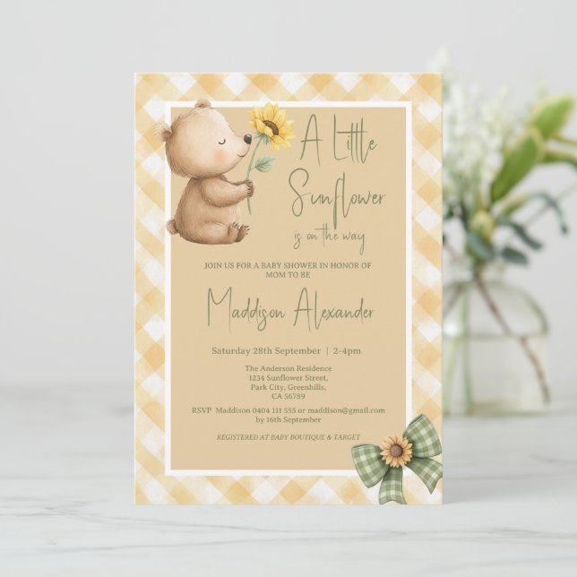 Boho Brun Björn Solros Baby Shower Inbjudningar (Stående Fram)