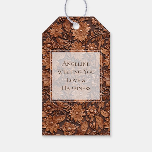Boho Brun Falskt Läder Blommig Bröllopsfest Presentetikett (Framsidan)