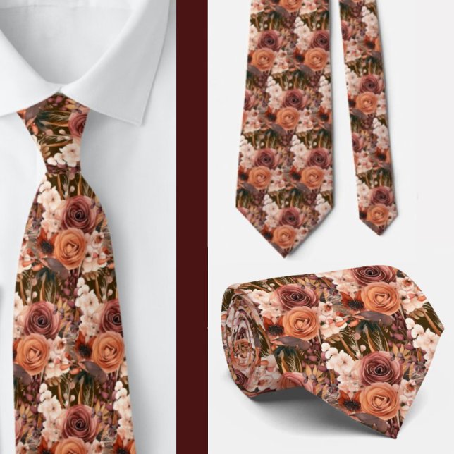 Boho Brun Guld Blommig Akvarell Blommor Bröllop Slips (Skapare uppladdad)