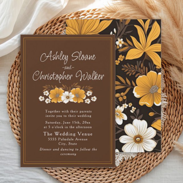 Boho Brun Guld Blommig Höstbröllop Inbjudningar (Brown and yellow floral wedding invitation)