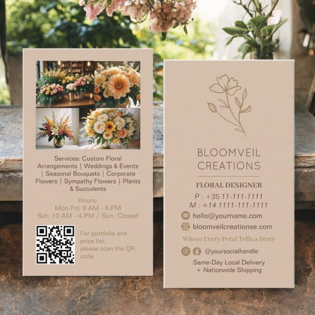 Boho brun guld-minimalistfotografi (QR-kod) Visitkort (Boho brown gold minimalist florist photos qr code business card)