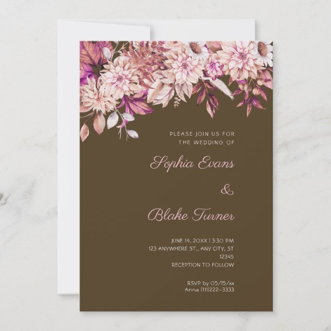 Boho Brun Rosa Blommig Vinter Kaffe Brun Bröllop Inbjudningar (Framsida)