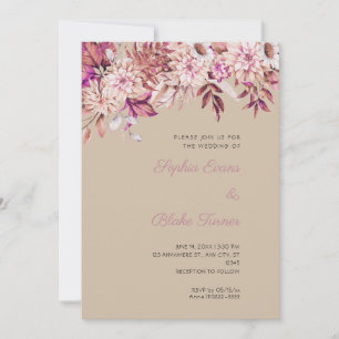 Boho Brun Rosa Blommig Vinter Mörk Vanilj Bröllop Inbjudningar