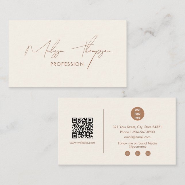 Boho Brun Signatur Skript Professional QR-kod  Visitkort (Fram/baksida)