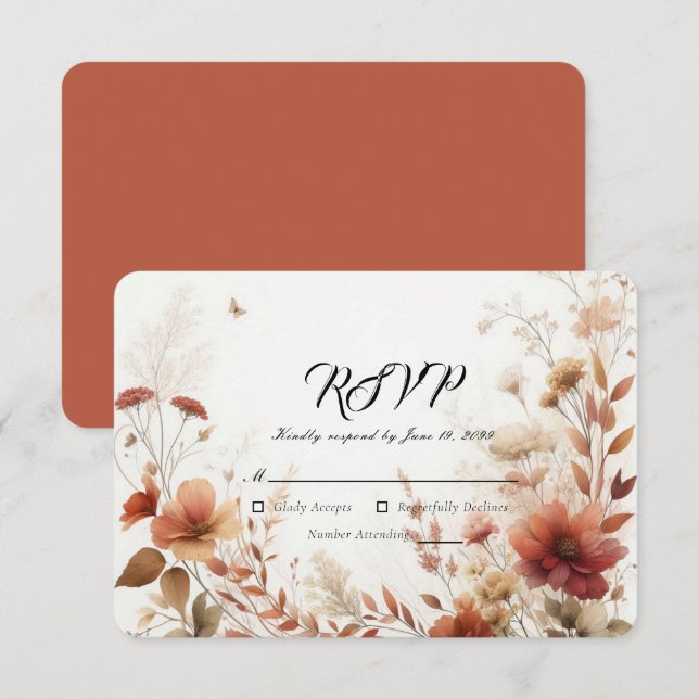Boho Bruna med Fjärilar Blommig Bröllop OSA Kort (Fram/baksida)