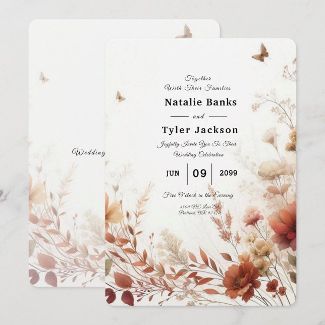 Boho Bruna med Fjärilar Blommig Bröllopsinbjudan Inbjudningar (Fram/baksida)