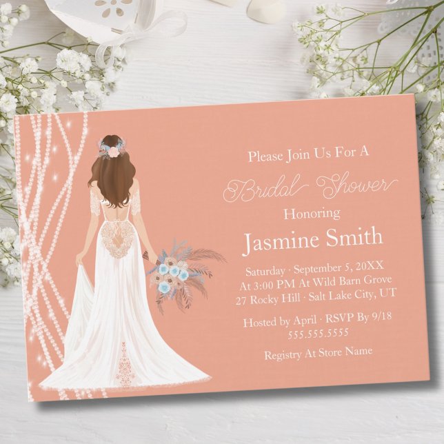Boho Brunette Bride with Pearls Möhippa Inbjudningar (Skapare uppladdad)