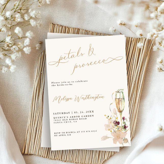 Boho Bubbly Blommor & Prosecco Script Bröllopsdusc Inbjudningar (Skapare uppladdad)
