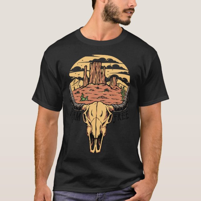 Boho Bull Skull Desert Sunset Roam Free Westernare T Shirt (Framsida)