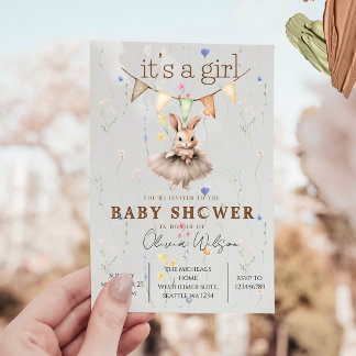 Boho Bunny Baby Shower Inbjudan med Blommig Pastel