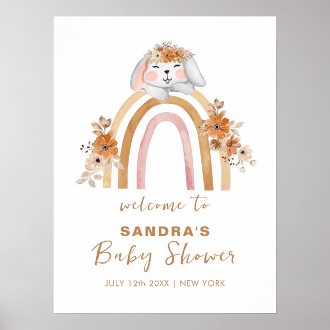 Boho Bunny Rainbow Blommigt Baby Shower Välkommen Poster (Framsidan)