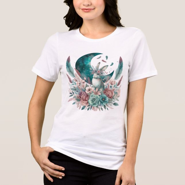 Boho Bunny T-shirt med måne och blommor (Framsida)