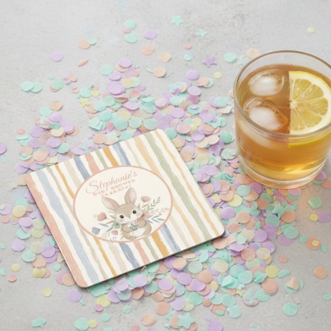Boho Bunny Watercolor Stripe  Underlägg Papper Kvadrat (Soft bunny baby shower drink coaster)