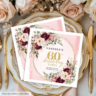 Boho Burgunder Blommig Guld Ram 60 Födelsedagsserv Pappersservett