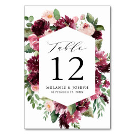 Boho Burgunder & Blush Vattenfärg Blommig Bröllop Bordsnummer