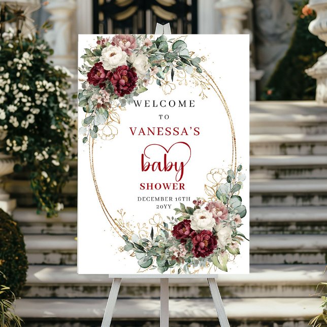 Boho Burgunder Eukalyptus Baby Shower Välkomstskyl Poster (Boho Burgundy Eucalyptus Baby Shower Welcome)