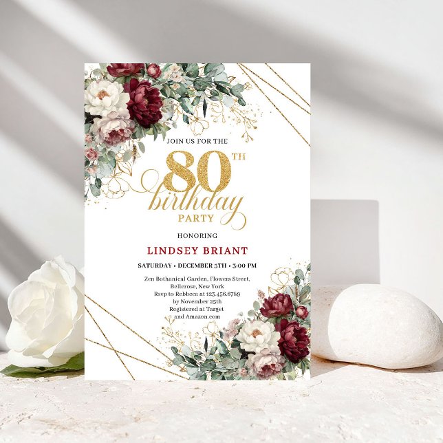 Boho Burgunder Eukalyptus Blommig 80-årsdag Inbjudningar (Boho Burgundy Eucalyptus Floral 80th Birthday)