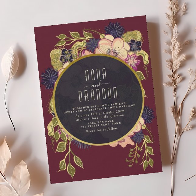Boho Burgunder Marin Blommig Bröllopsinbjudan Inbjudningar (Skapare uppladdad)