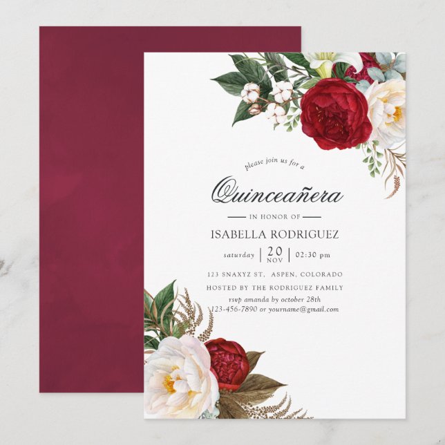 Boho Burgunder - Marsala Blommig Quinceañera Inbjudningar (Fram/baksida)