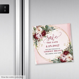 Boho Burgunder Rodd Guld Blommig Spara Datum Magne Magnet