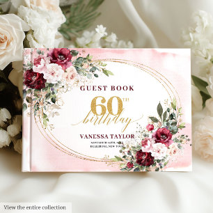Boho Burgunder Rosa Blommig Guld 60-årsdag Gästböcker