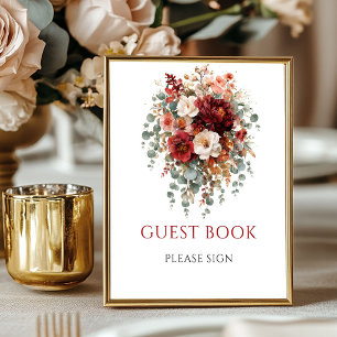 Boho Burgunderröd Blommig Gästbok 8x10 Bordsskiva Poster