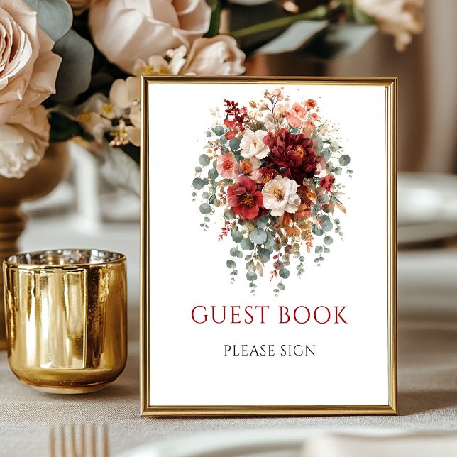 Boho Burgunderröd Blommig Gästbok 8x10 Bordsskiva Poster (Maroon Autumn Floral Guest Book Wedding Tabletop)