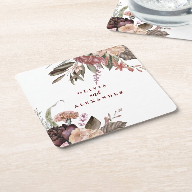Boho Burgunderrosor höst blommande bröllop Underlägg Papper Kvadrat (Vinklad)