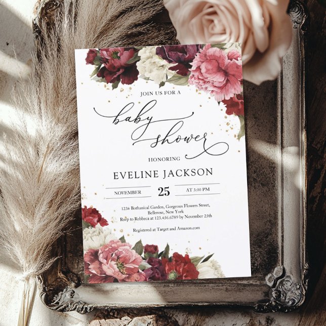 Boho  burgundi mauve-blommor peonies baby inbjudningar (Boho Blush burgundy mauve flowers peonies baby Invitation)