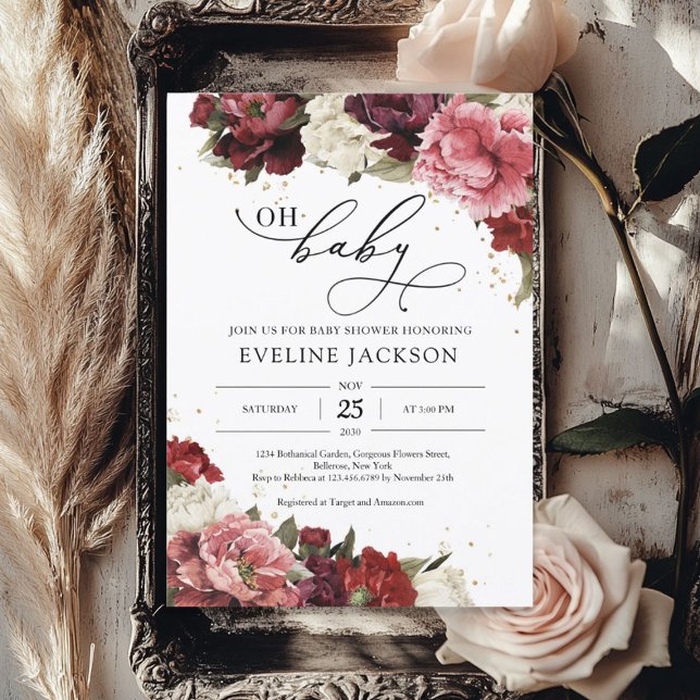 Boho  burgundi mauve-blommor peonies guld inbjudningar (Boho Blush burgundy mauve flowers peonies gold Invitation)