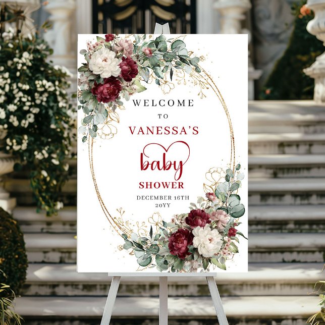 Boho Burgundy Blommig Baby Shower Välkomstskylt Poster (Boho Burgundy Floral Baby Shower Welcome)