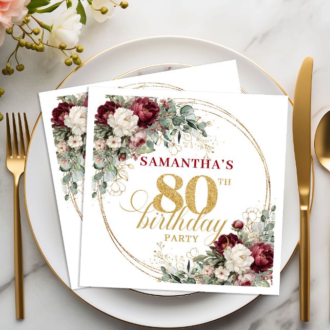 Boho Burgundy Blommig Guld 80-års Födelsedags Serv Pappersservett (Boho Burgundy Floral Gold 80th Birthday Napkins)
