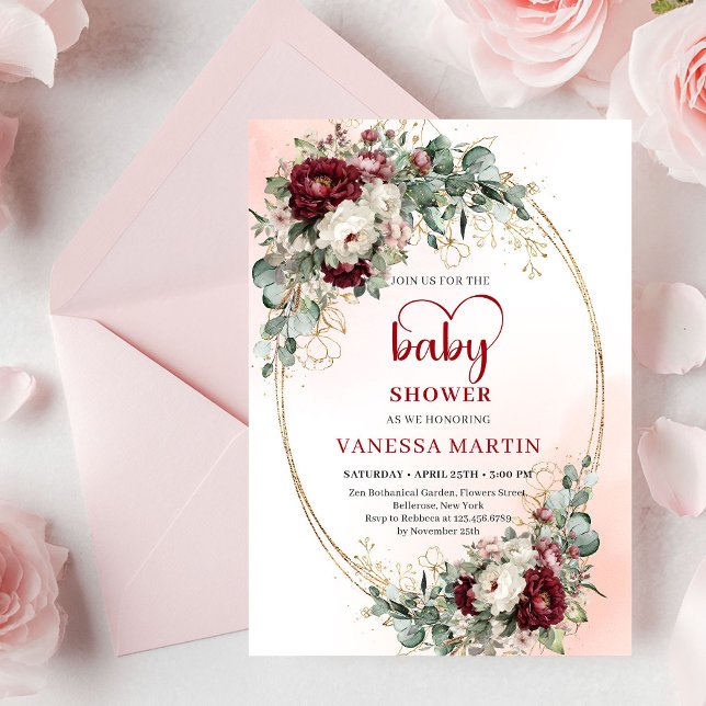 Boho Burgundy Blommig Guld Bebis Shower Inbjudan (Boho Burgundy Floral Baby Shower Invitation with Greenery)