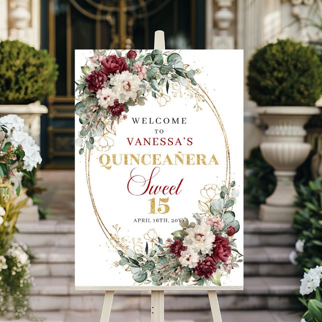 Boho Burgundy Blommig Guld Quinceanera Välkomstsky Poster (Boho Burgundy Floral Gold Quinceanera Welcome Sign)