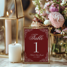 Boho Burgundy Blommig Mörkröd Bröllops Bordnummer