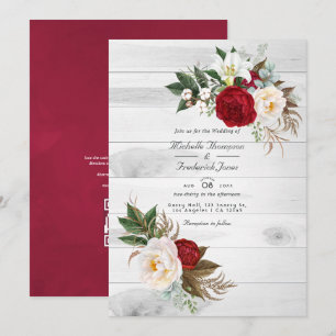 Boho Burgundy Blommig QR-kod RSVP Bohemisk Bröllop Inbjudningar