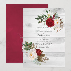 Boho Burgundy Blommig QR-kod RSVP Bohemisk Bröllop Inbjudningar