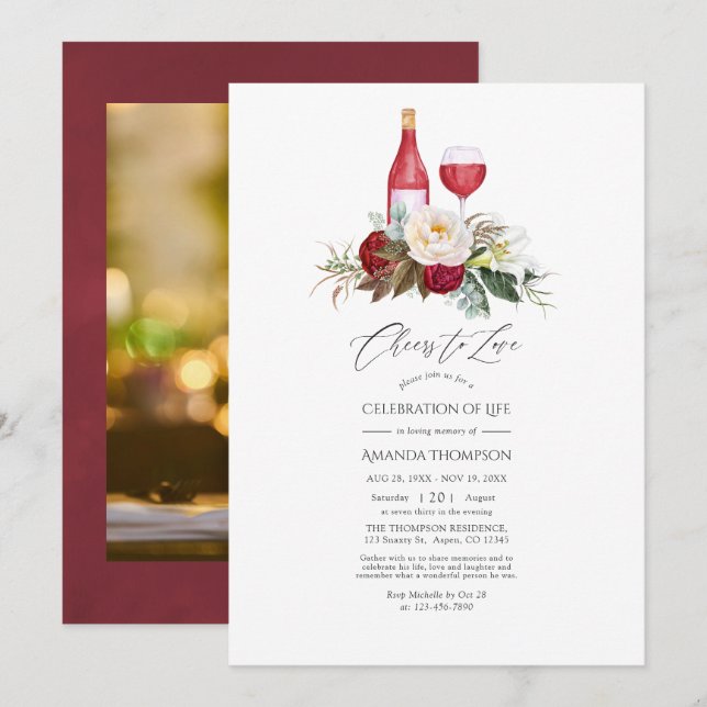 Boho Burgundy Blommig Vin Livets Firande Inbjudningar (Fram/baksida)