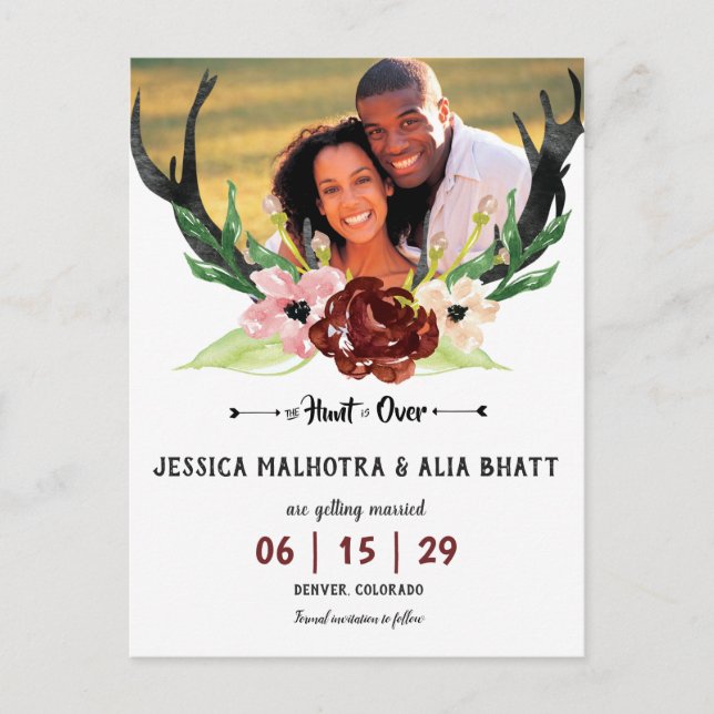 Boho Burgundy Blommiga Jakten Är Över Spara Datum Meddelande Vykort (Framsida)