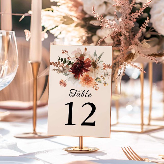 Boho Burgundy Blommigt Bröllop Bordsnummer (Boho Fall Wedding Table Numbers)