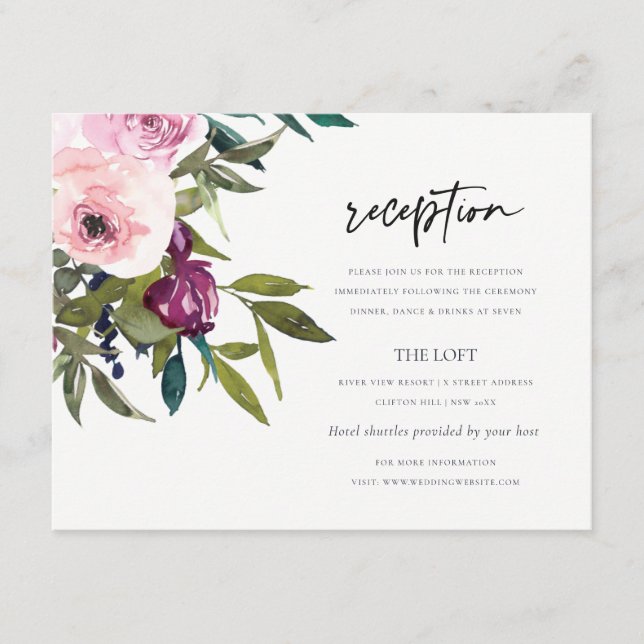 BOHO  BURGUNDY BLOMMIGT BUNCH WEDDING RECEPTION TILLÄGGSKORT (Framsida)