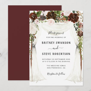 boho burgundy blommigt canopy bröllop inbjudningar