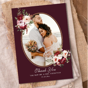 Boho Burgundy Blommigt Gräns Photo Bröllop Tack Kort