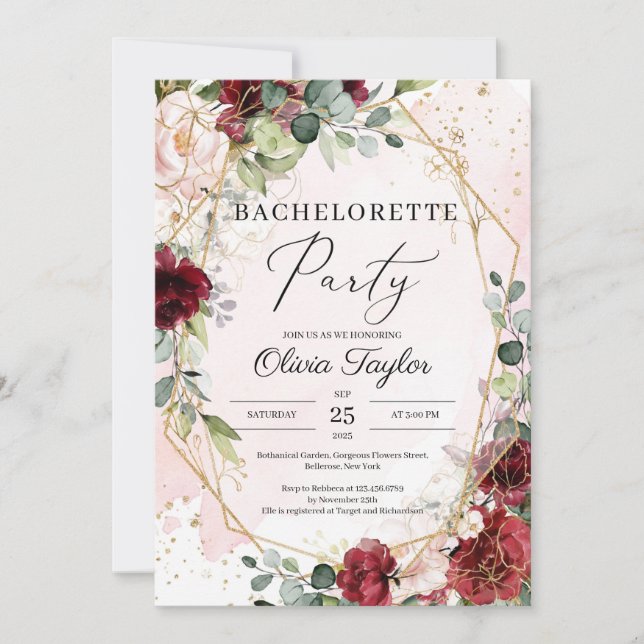 Boho  burgundy blommigt guld bachelorette Party Inbjudningar (Framsida)